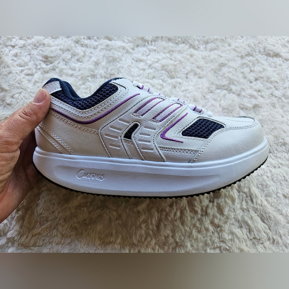 Curves Rocker Toning Leather Walking Shoes, White, Purple, Blue, Size 8.5, NWOT